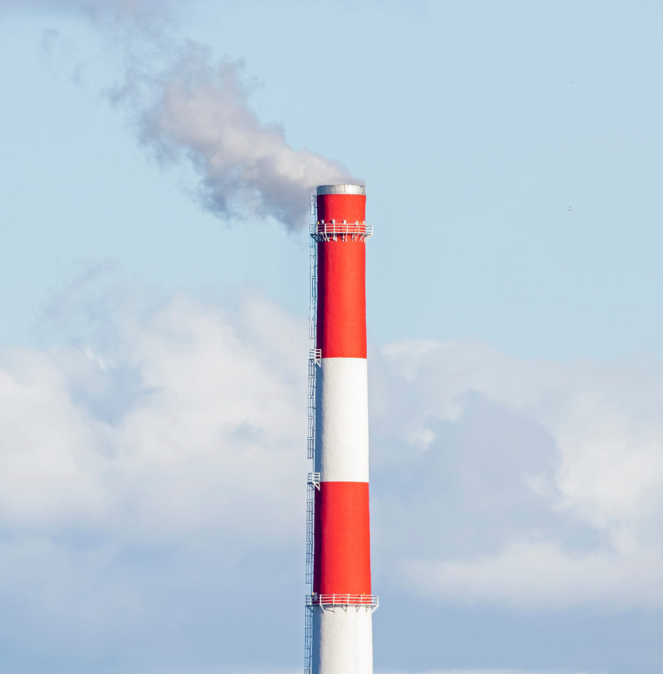 Red-,White,Factory,Chimney,On,Cloudy,Sky,Background,With,White